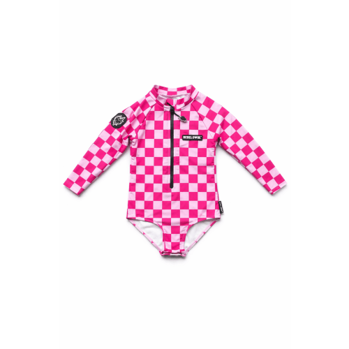UPF50+ Girls One Piece Swimsuit in Bubble Gum Checkered