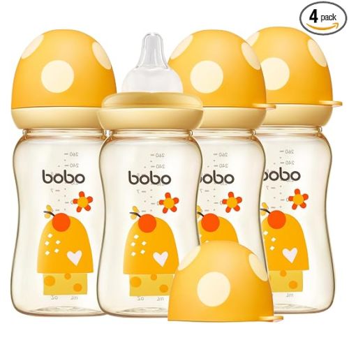 YOHKOH PPSU Baby Bottle Wide Neck, Newborn Anti-Colic Baby Bottle with Natural Response Nipple, Streamlined Body, Easy to Clean (8.8oz (Pack of 4), Yellow)