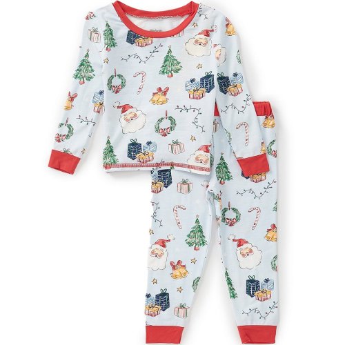 Mud Pie Boys Long Sleeve Mixed Media Christmas Print Pajama Top & Matching Pajama Pants Set
