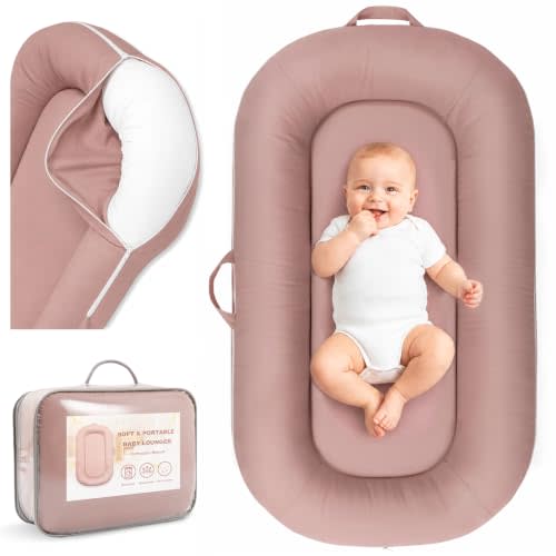 Alened Baby Lounger for Newborns 0-24 Months, Pink Infant Support Cushion | Soft Breathable Cotton Newborn Lounger with Removable Cover, Poartable Baby Essentials for Supervised Tummy Time & Floor Play