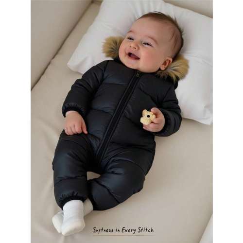 Cozy Pixies Baby Boys Black Thermal Lined Hooded Zip-Up Jumpsuit With Fur Collar, Suitable For Winter | SHEIN USA