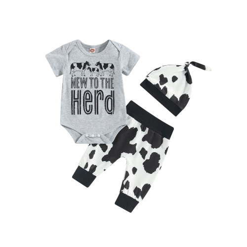 3Pcs Newborn Baby Boy Girl Western Clothes Short Sleeve Romper Tops Pants Hat Coming Home Outfit