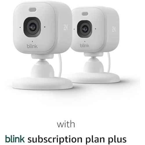 Blink Mini 2K+ (newest model) with 1-Year Subscription – Plug-in Home & Pet Security Camera with 2K video resolution, smart motion detection, works with Alexa – 2 camera (White)