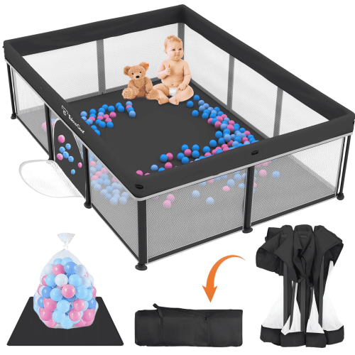 Foldable Baby Playpen with Mat, Collapsible Play Pen for Babies and Toddlers, Indoor & Outdoor Kids Safety Play Pen, Portable Play Yard with 50 Ocean Balls, 50"×70", Black