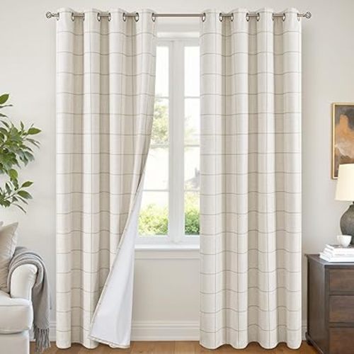 Lajode Linen Blackout Curtains for Living Room - Boho Plaid Pattern Thermal Insulated Grommet Cottage Core Window Treatments Rustic Drapes for Farmhouse, 52x84 Inch 2 Panels, Natural