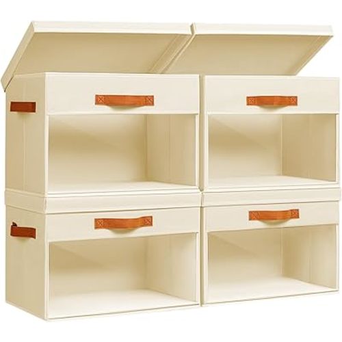 Large Storage Bins with Lids - 4 Pack Foldable Decorative Organizers with Clear Windows & Handles, Cube Storage Organizers for Clothes, Blankets, Sweaters, Sheets, Beige