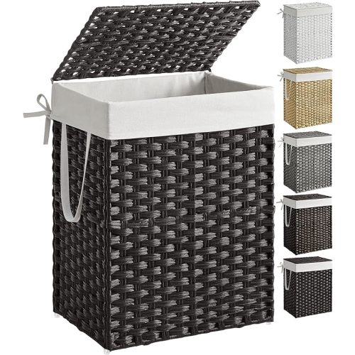 SONGMICS Laundry Hamper with Lid, 23.8 Gallon (90 L) Synthetic Rattan Clothes Laundry Basket with Lid and Handles, Foldable, Removable Liner, Chestnut Brown ULCB051K02