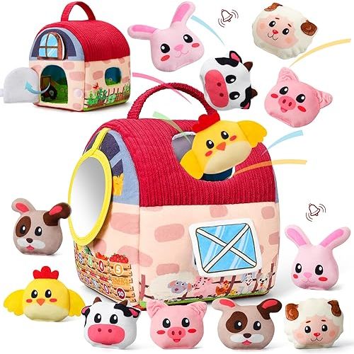 Baby Toys 6-12 Months, Surprise Barn With 12 PCS Stuffed Farm Animals, Mirror, Montessori Sensory Developmental Learning Toys For 6-12 Months, Ideals 6 7 8 9 Month Old Baby Boy Girl Gifts Toy