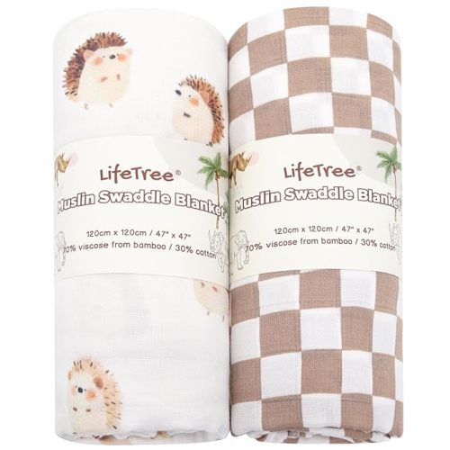 LifeTree Baby Swaddle Blankets, Boys Girls Muslin Swaddling Wrap Receiving Blanket for Newborn, 70% Viscose from Bamboo and 30% Cotton, Large 47" x 47", Hedgehog and Checkered