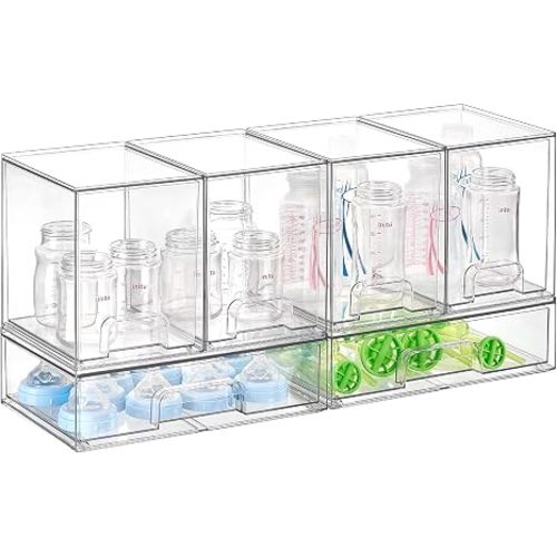 Bottle Storage Drawers Set of 5, Clear Plastic Organizer Bins for Baby Bottle, Beauty Supplies Storage, Ideal for Kichen Countertop, Vanity, Bathroom, Cabinet, Pantry Organization