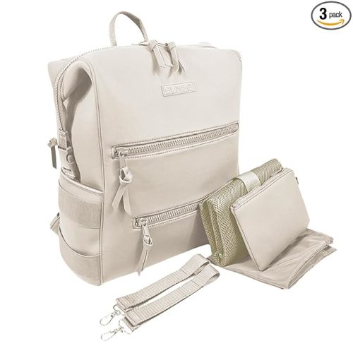 Neoprene Minimalist Backpack Diaper Bag with Pouch, Changing Pad, and Stroller Straps, Water Resistant and Lightweight, Cream
