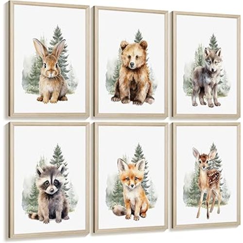 Woodland Animal Nursery Wall Art Decor Set of 6 Baby Boys Room Wall Art Forest Animal Canvas Wall Decor Kids Art Prints Watercolor Bear Deer Fox Pictures Artwork for Bedroom 12x16 Inch Framed