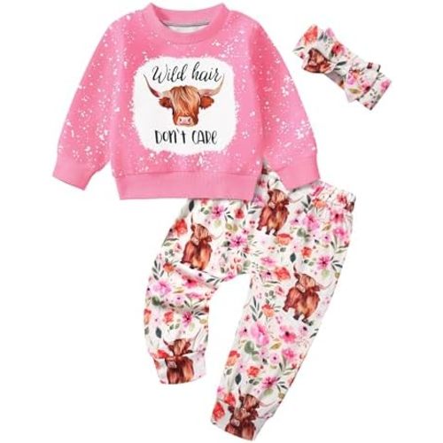 Toddler Girl Clothes Fall Winter Outfits Wild Hair Don't Care Highland Cow Sweatshirt Pants Western Cowgirl Outfit