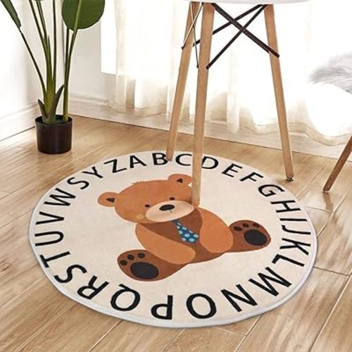 ABC Round Rug for Kids Soft Alphabet Nursery Area Rug Boys Girls Educational Learn Fun Rug Play Mat Baby Crawling Mat Carpet for Kids Room Bedroom Living Room Decor (Bear, 31 inch)