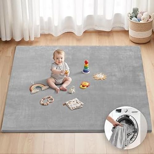 Blissful Diary Ultra Soft Baby Play Mat, 71x59 Extra Large Floor Mat with Removable & Washable Slip-On Cover for Babies and Toddlers, Light Grey