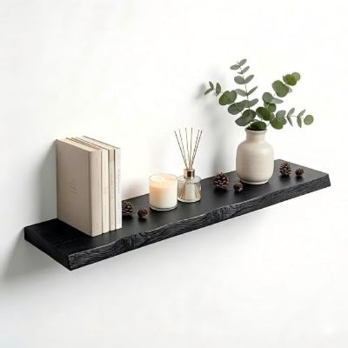 Black Live Edge Floating Shelf, 48-Inch Solid Elm Wood