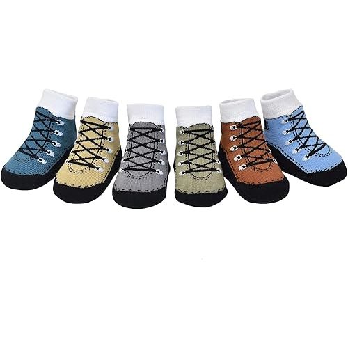 Baby Boy Socks with Sneaker Shoe Look-Non-slip Gripper Soles-3 or 6 Pairs-Cotton-Gift Packaged-Baby Shower-Faux Shoelaces