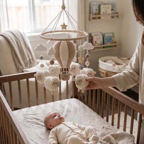 Sheep Baby Mobile, Boucle Hot Air Balloon Crib Mobile, Counting Sheep Lamb Nursery Decor, Neutral Baby Mobile, Neutral Lamb Nursery Decor