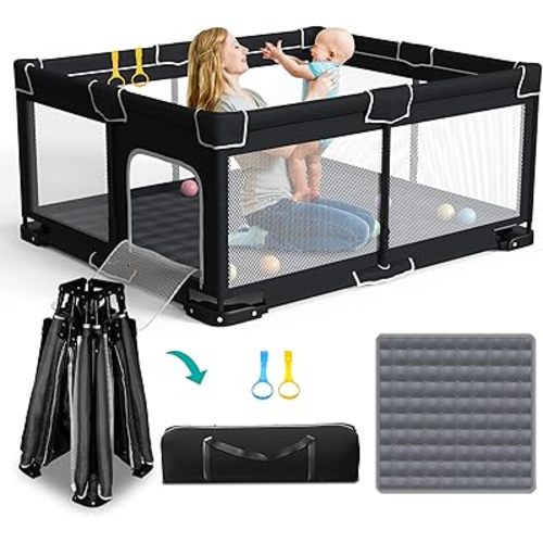 ICAREWAY Foldable Playpen for Babies and Toddlers, 71x59 Inches Portable Playpen, Kids Collapsible Play Pen with 2 Handlers, Indoor & Outdoor Baby Play Area with Visible Mesh (Black)
