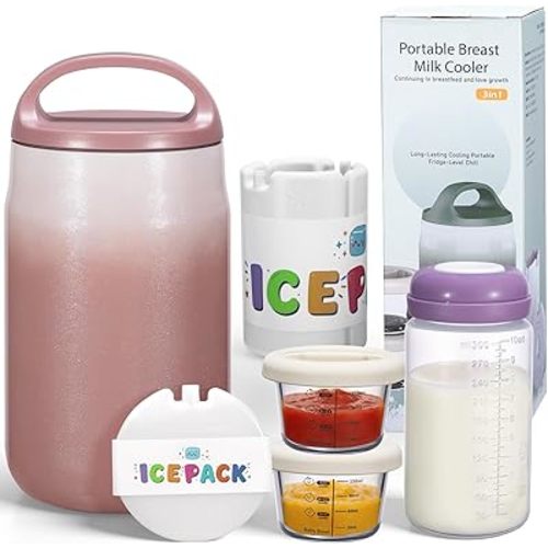 Breast Milk Cooler Bottle 3 in 1 BreastMilk Chiller with 2 Glass Snack Containers for Baby 360°Keep Fresh Cooling for 24hr with Baby Bottle for Milk Storage(Pink)