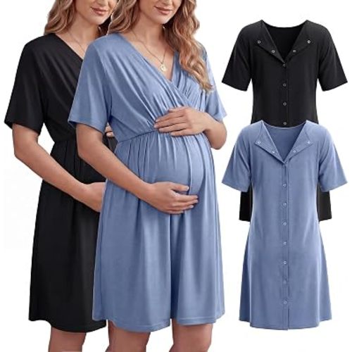 2 Pack Labor and Delivery Gown for Hospital Maternity Nursing Short Sleeve Gown Button Back Birth Recovery Sleepwear