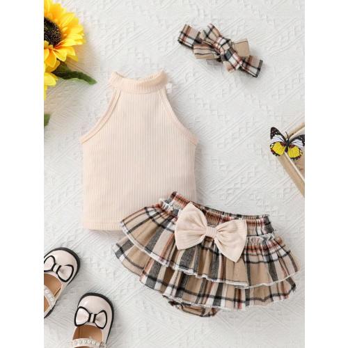 2pcs Baby Girl Soft, Comfortable & Breathable Halter Top And Plaid Printed Shorts With Layered Ruffle Hem And Bowknot, Suitable For Casual, Vacation, Party And Outdoor Activities, For Christmas | SHEIN USA