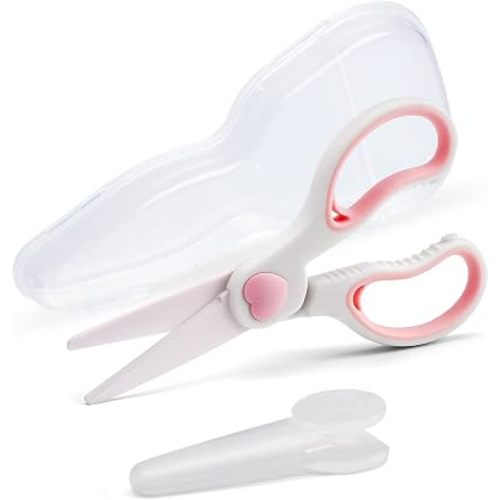 Ceramic Scissors for Baby Food Cutting, Safety Healthy BPA Free Toddler Shears with Protective Blade Cover and Portable Travel Case - Pink/White
