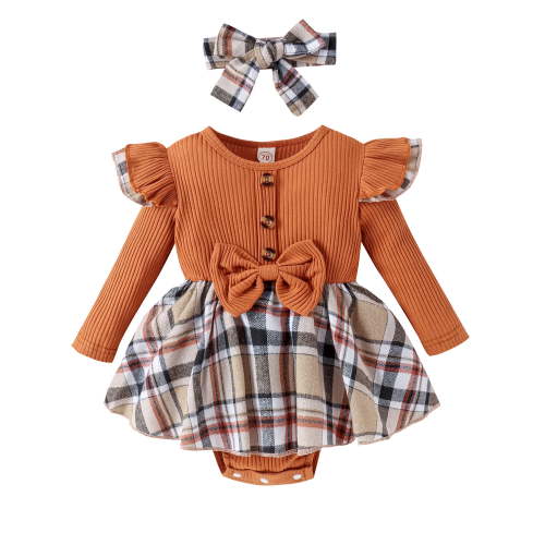 Bagilaanoe Newborn Baby Girl Rompers Dress Plaid Long Sleeve Bodysuit + Headband 3M 6M 12M 18M Infant Fall Patchwork A-line Dresses