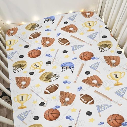 Baby Sports Crib Sheets for Boy Girl 28"x52" Vintage Basketabll Football Stars Soft Snug Fitted Crib Mattress Covers American Sports Nursery Baby Sheet for Standard Crib and Toddler Bed Mattress