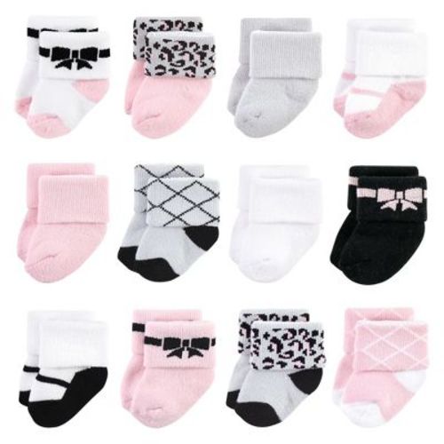 Hudson Baby Infant Girls Cotton Rich Newborn and Terry Socks, Bows 12-Pack, 6-12 Months