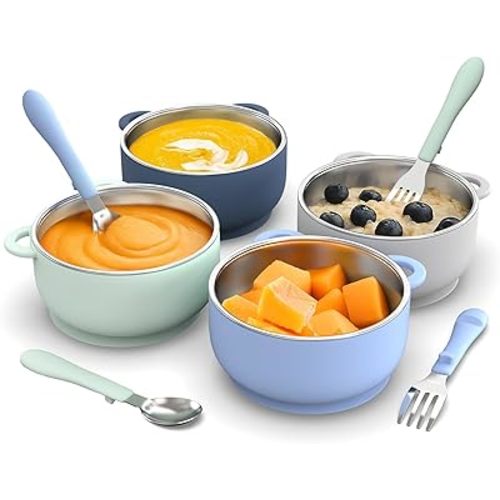 Toddler Feeding Suction Bowls and Utensils Set, 2-in-1 Stainless Steel 304 Kids Bowl & Silicone Suction Baby Bowl with Spoons and Forks, First Self-feeding Training Set, Ocean Explorer