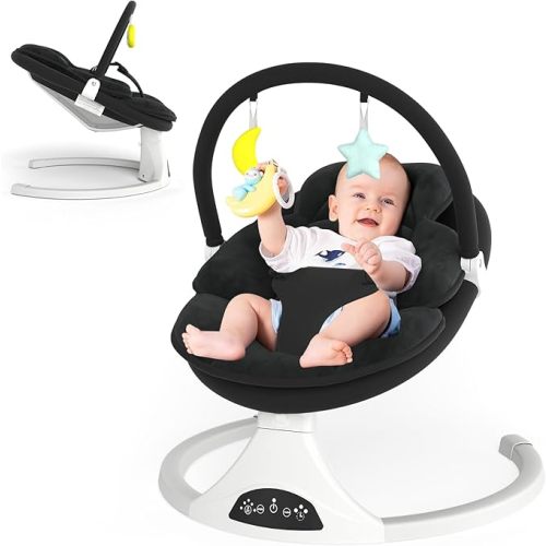 Electric Baby Swing with Remote Control - 5 Natural Motion Speeds, Detachable Seat Pad | Portable Infant Swing for Indoor/Outdoor Use (0-6M, 20lbs) (Black)