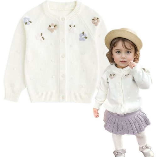 Simplee kids Baby Girl Knit Cardigan Sweater Cream Cotton Autumn Coat