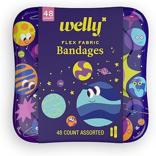 Welly Bandages | Adhesive Flexible Fabric Bravery Badges | Assorted Shapes for Minor Cuts, Scrapes, and Wounds | Colorful and Fun First Aid Tin | Space Patterns - 48 Count