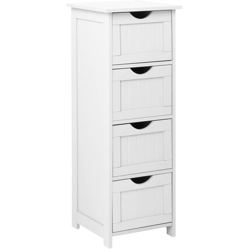 Bonnlo Skinny Bathroom Floor Storage Cabinet,White 12 Inch Wide Deep Small Storage Organizer with 4 Drawers, Wooden Modern Thin Free Standing Tower Cabinet w/ 4 Cute Drawers for Bathroom, Living Room