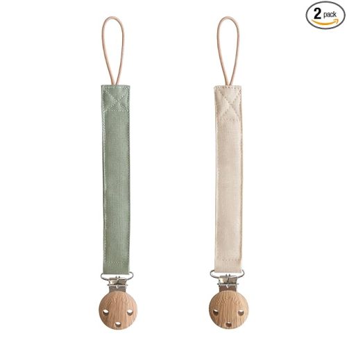 mushie Linen Baby Pacifier Clip Holder | Soft Fabric Strap, 2-Pack (Olive/Shifting Sand)