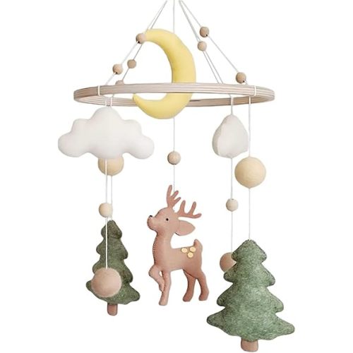 Baby Mobile for Crib - A Handmade Gender Neutral Deer Forest Crib Mobile with Felt Clouds and Trees for Jungle Theme Nursery