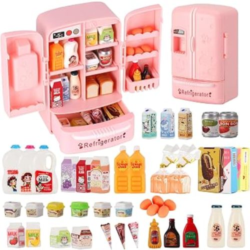 Mini Refrigerator Toy, Fill The Fridge with Ice Cream, Juice & 40+ Mini Food Toys for Dollhouse Accessories & Kitchen Playset. Realistic Refrigerator Play Gift for Kids.