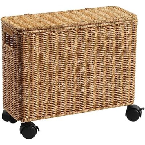 Woven Storage Trunk with Wheels, Farmhouse Decorative Basket with Lid Rolling Storage Bin for Bedroom Living Room Organization