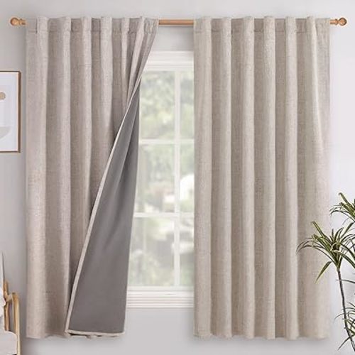 YoungsTex Linen Room Darkening Curtains 63 Inches Length 2 Panels, Back Tab Textured Thermal Blackout Window Drapes for Bedroom Rod Pocket, Beige, 52 X 63 Inch
