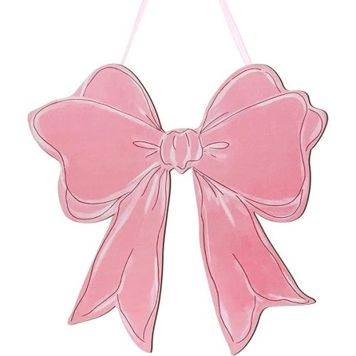 Pink Bow Wooden Hanging Sign Coquette Bow Wall Hanging Hanger Cute Preppy Wall Art Bowknot Welcome Door Sign Girly Decor for Girls Room College Dorm Apartment Indoor Outdoor Porch