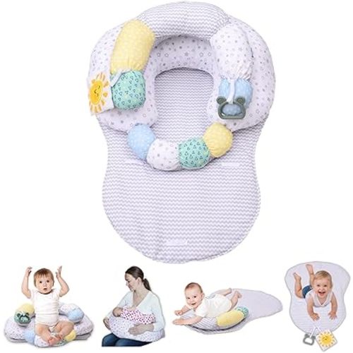4-in-1 Tummy Time & Nursing Pillow with High, Firm, Large Area, Detachable Seated Support Cushion, Removable and Machine Washable Slipcovers, Baby Play Mat and Toys 0-24 Months