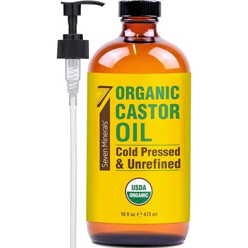 Seven Minerals New 16 fl oz Glass Bottle Castor Oil Organic Cold Pressed Unrefined Glass Bottle Pack - 100% Pure USDA Certified Organic Hexane Free