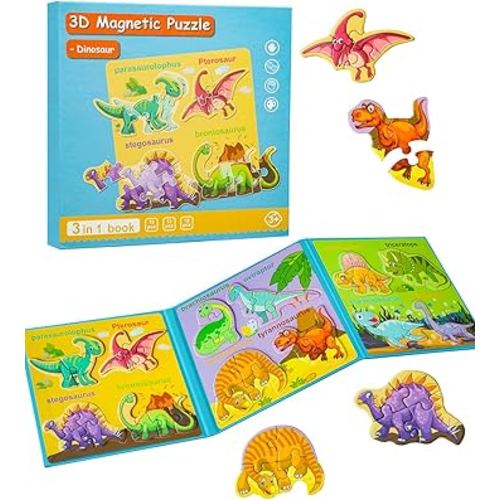 Magnetic Puzzles for Toddlers 2-4, Travel Puzzles Games for Kids Ages 1-3, Dinosaur Activities Toy Wooden Jigsaw Puzzles Book for Boys & Girls 1 2 3 4 5, Learning Magnet Gift for Road Trip (Dinosaur)