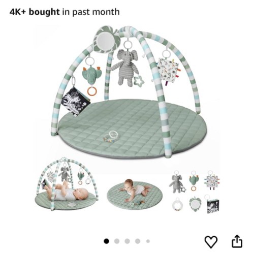 Blissful Diary Baby Play Gym Mat, Play Mat Activity Mat with 6 Detachable Toys for Stage-Based Sensory & Motor Skill Development, Easy to Install & Clean, Baby Essentials Gift, Sage Green