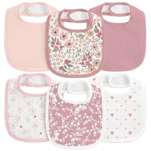 6-Pack Muslin Baby Bibs for Drooling & Teething, Absorbent Bib | Soft Cotton Baby Drool Bib for Baby Boy Girl, Easy Adjustable Bibs for Toddlers, Newborn, Infants 0-36 Months Pink Flower