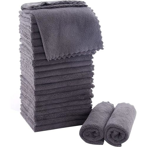 MOONQUEEN Ultra Soft Premium Washcloths Set - 12 x 12 inches - 24 Pack - Quick Drying - Highly Absorbent Coral Velvet Bathroom Wash Clothes - Use as Bath, Spa, Facial, Fingertip Towel (Grey)
