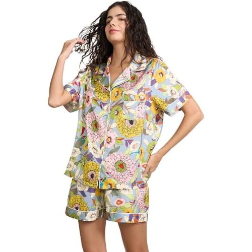 Womens Silk Satin Shorts Pajamas Set Button Down 2 Piece Pjs Short Sleeve Oversized Sleepwear with Pockets