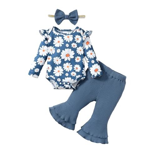 SUNNY PIGGY Baby Girl Clothes Newborn Infant Outfits Ruffle Long Sleeve Romper Pants Set with Headband