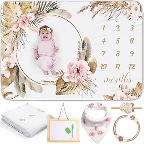Chumia 6 Pcs Baby Monthly Milestone Blanket for Girl 60" x 40" Butterfly Milestone Blanket Age Photo Photography Backdrop with Newborn Calendar Growth Chart Bib Headband(Beigh,Boho Pattern)